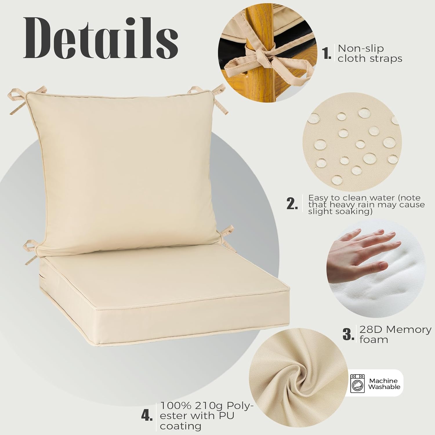 PLTCAT Patio Furniture Cushions Set, Waterproof & Fade Resistant with Removable Cover(Beige, 24" x 24" + 24" x 20")
