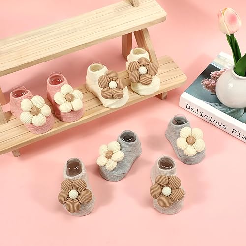 Miniatura 6 de Paquete de 4 calcetines para bebé, con empuñaduras antideslizantes de flores para bebés y niños pequeños, calcetines tobilleros de corte bajo para