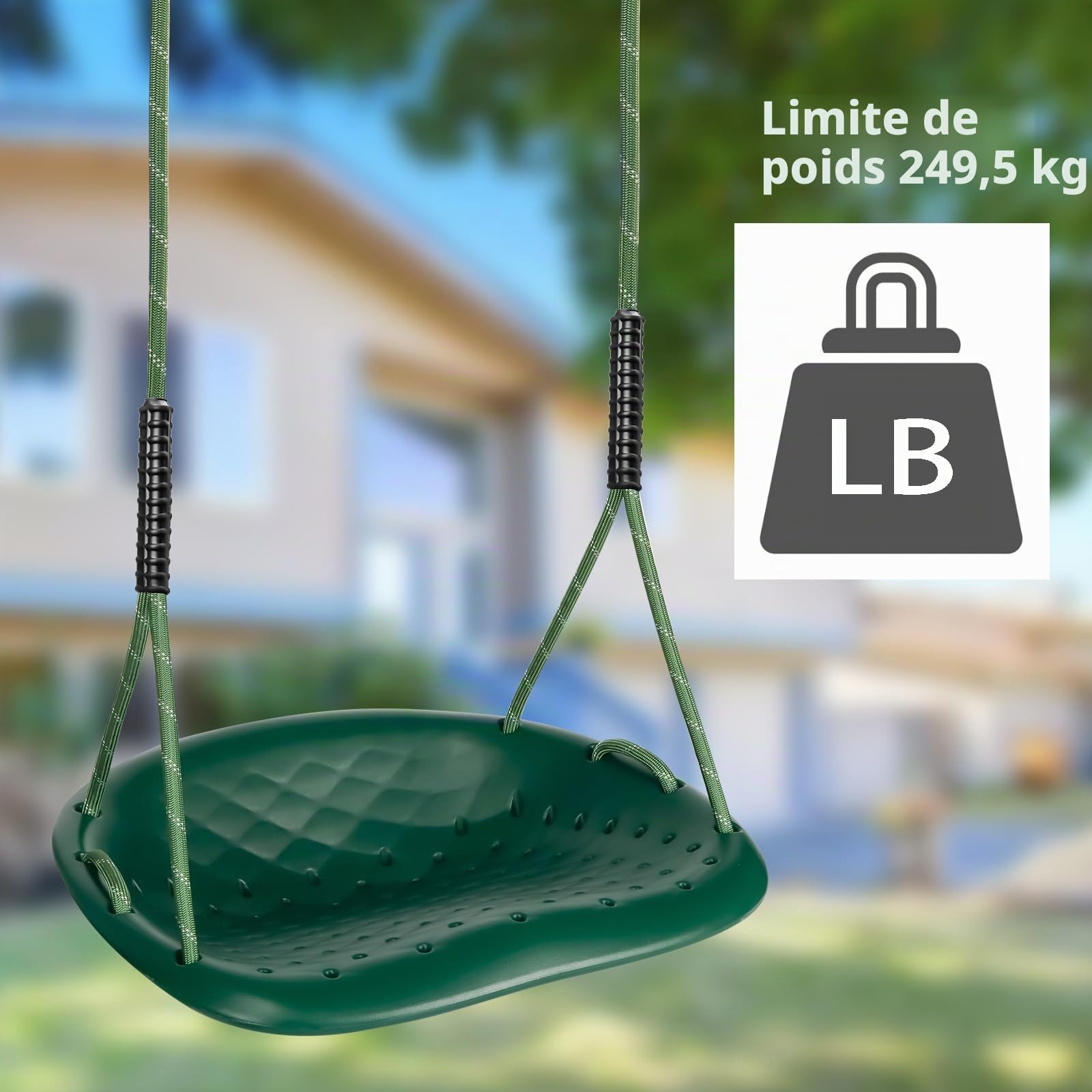 Balançoire d'extérieur en Plastique antidérapant pour Enfants/Adultes avec Corde réglable et Mousqueton, capacité de Charge de 250 kg, Accessoire de balançoire, Vert