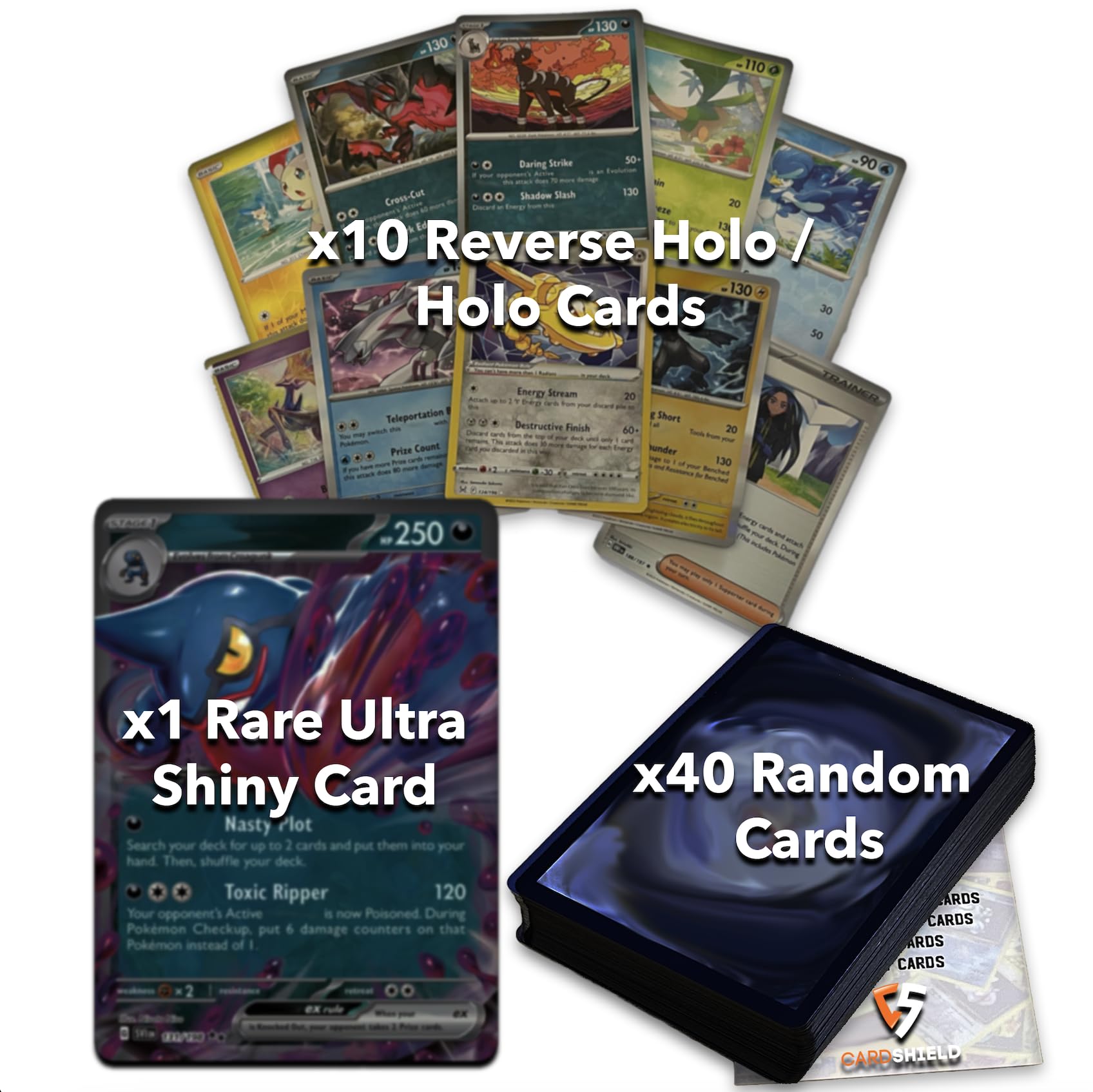 Ultimate Shiny Card Bundle - 50 Random Cards Guaranteed 10 Holos + 1 Rare Ultra Shiny Card Plus The Toy Box Authenticity Token
