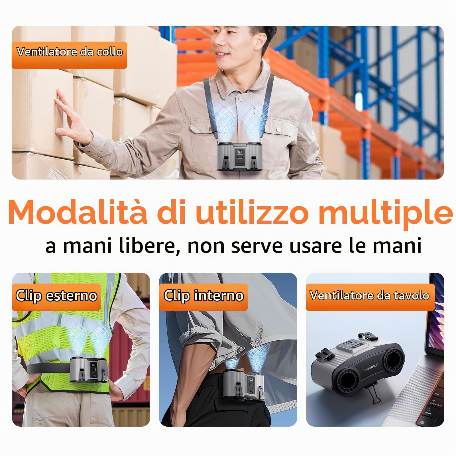 Ventilatore da cintura portatile da 24000 mAh, con clip, ricaricabile, doppio motore con doppio canale d'aria, 10 velocità, 45 ore di autonomia, per cantiere, lavoro all'aperto, viaggi, interruzione