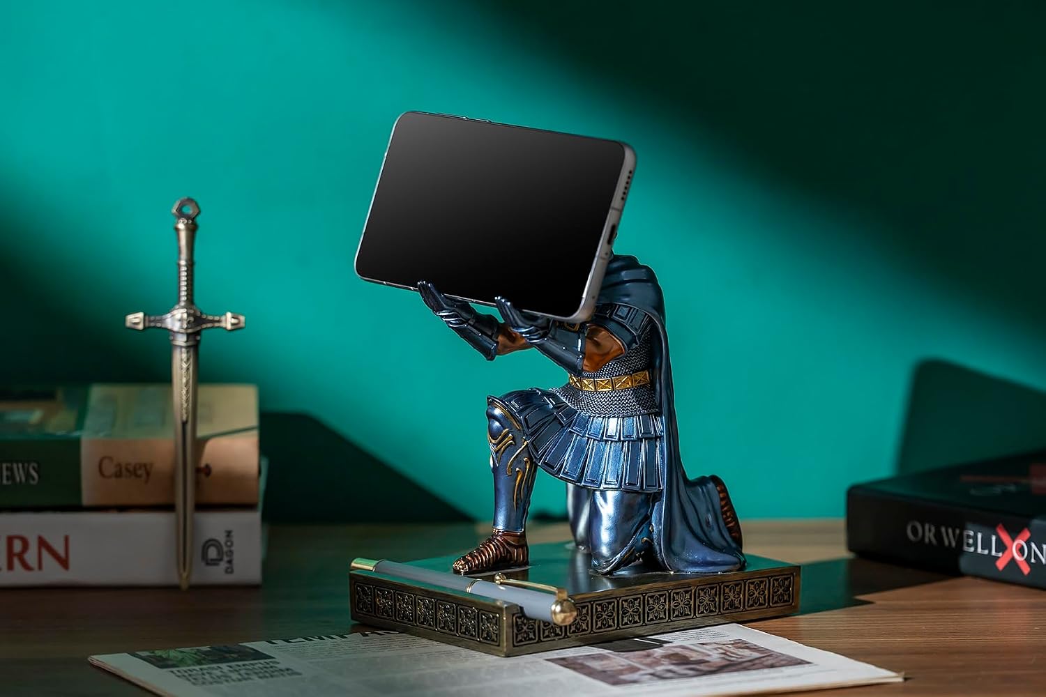 Centurion Cloak Warrior Knight Pen Holder Mobile Phone Stand Desk Organizers and Accessories as Gift for Office and Home (Blue)