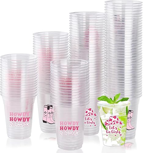 Paquete de 150 vasos desechables de color rosa vaquera de 12 onzas para beber occidental, a granel para vaquera, despedida de soltera, última fiesta