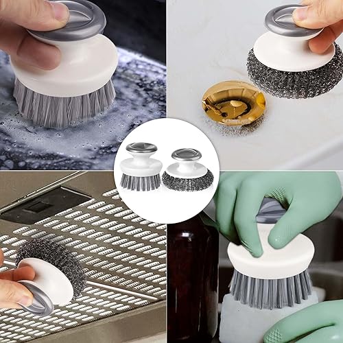 Miniatura 6 de Estropajo de platos con asa, cepillo de lana y alambre de acero inoxidable para limpiar tazones de cocina, ollas, sartenes (gris)