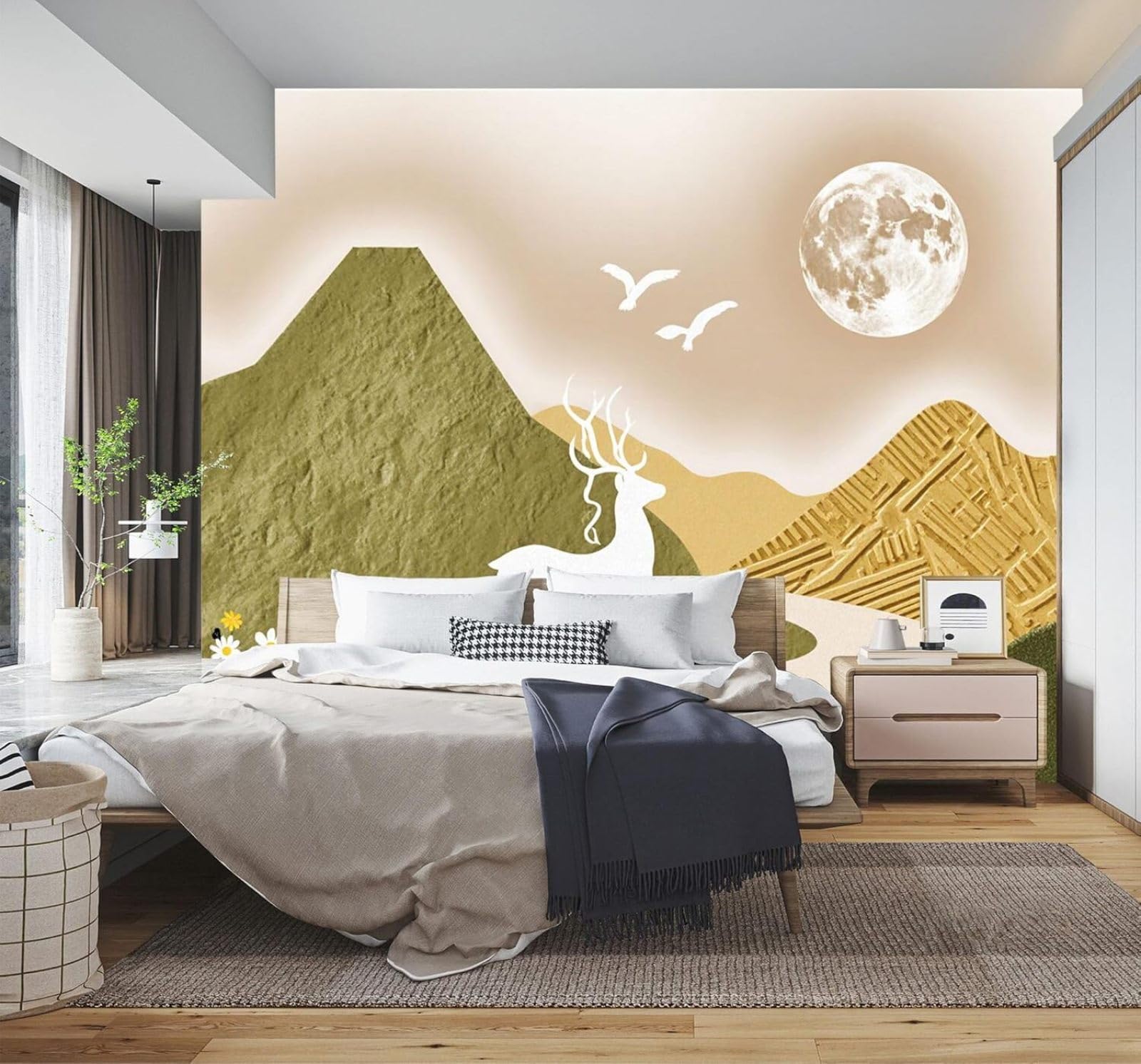 3D Carta da Parati Cervo Bianco Luna Montagne Fiori Di Campo Sentiero