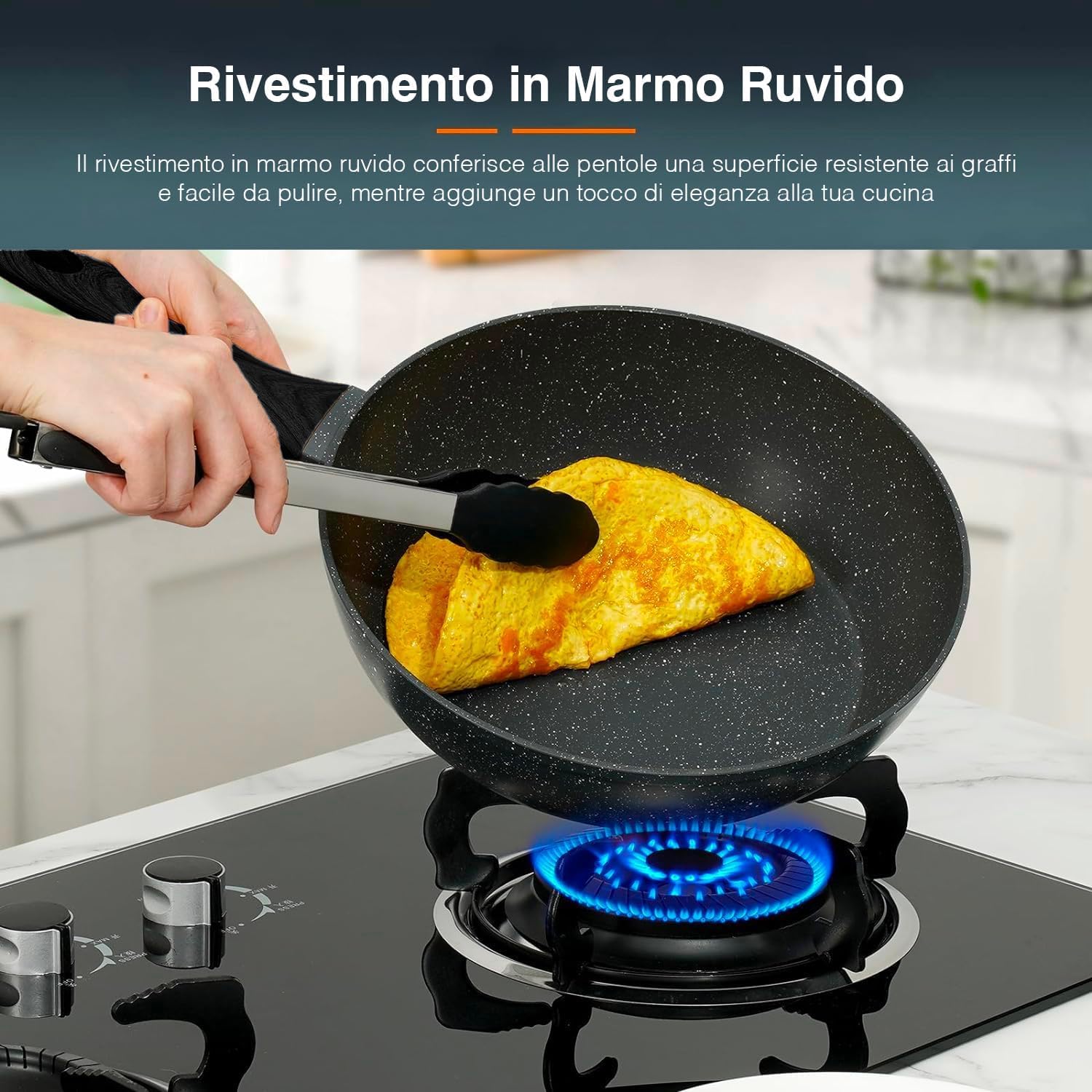 Avilia Set 18 Pezzi di Pentole Antiaderenti in Alluminio Forgiato con Rivestimenti in Ruvido Marmo - Adatti ad Ogni Piano Cottura, incluso Induzione - Batteria di Pentole 18pz con Manici in Bachelite