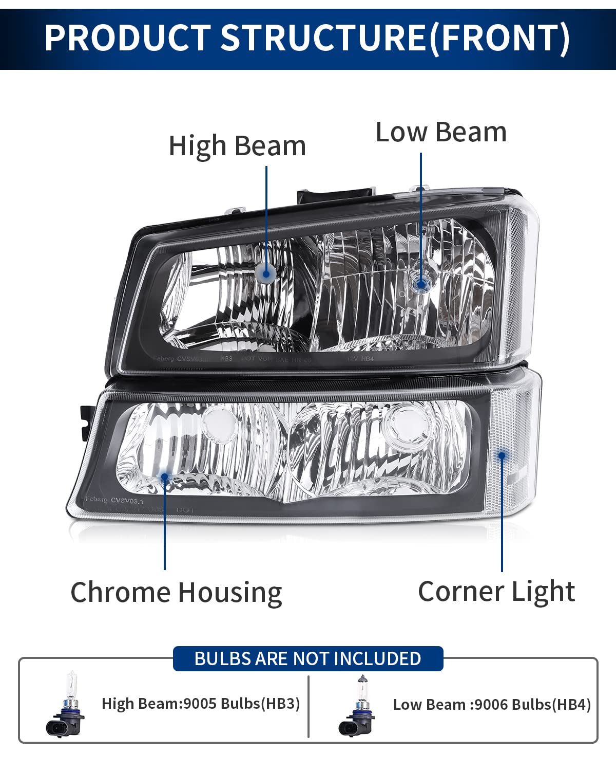 POLLY WALES Headlights Assembly Compatible with 2003 2004 2005 2006 Chevy Silverado 1500/2500/3500 Headlamp Replacement Left and Right - Black Housing Clear Lens Clear Reflector