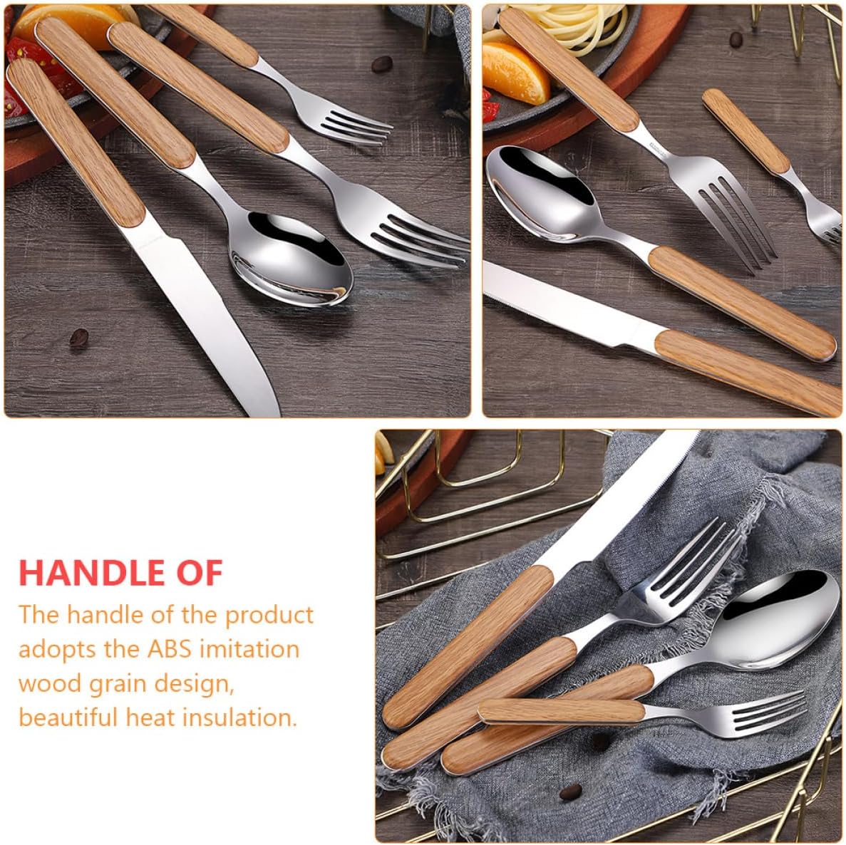 Retro Flatware Gift Set 4 Pcs with Wood Grain Handle Xmas