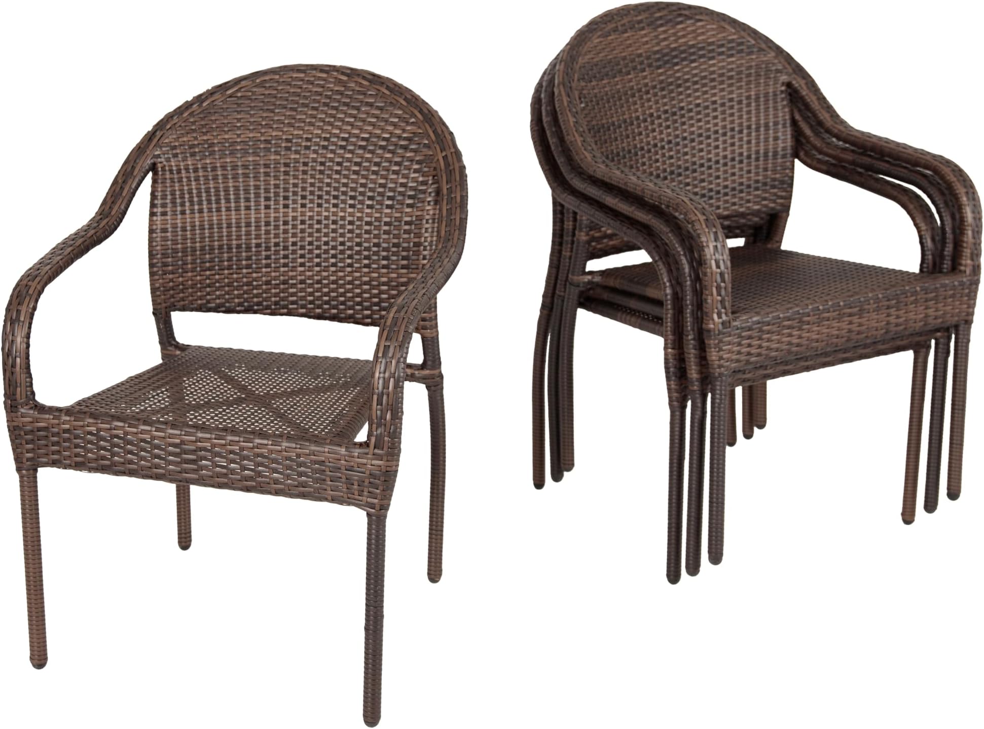 63490 Rhodos Cafe Stacking Chairs in Mocha All Weather Wicker Construction No Assembly Lightweight for Indoor & Outdoor - Set of 4