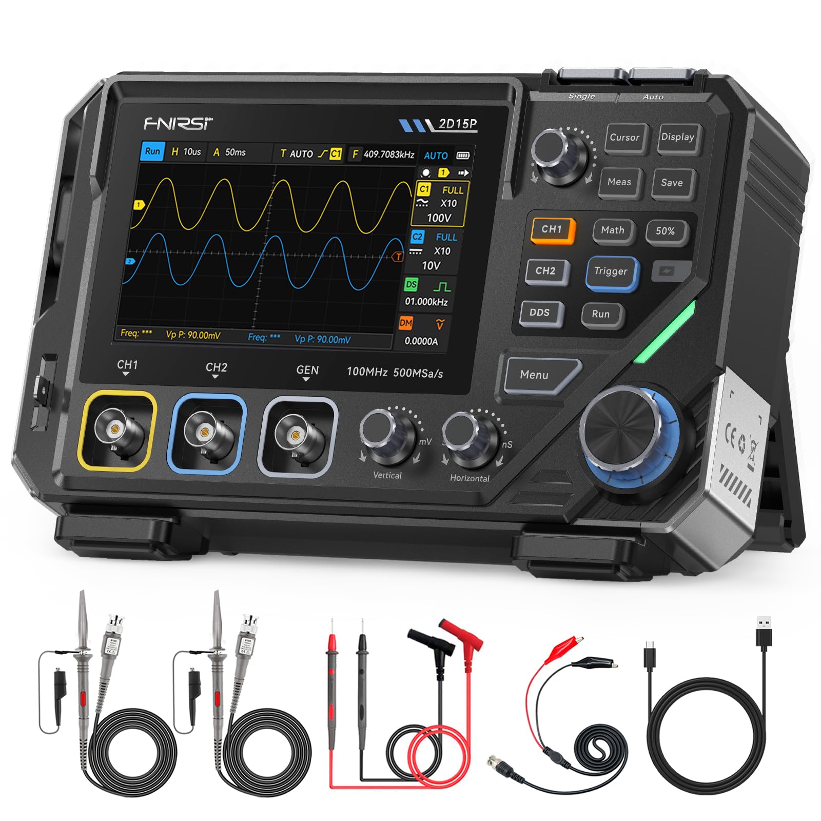 FNIRSI 2D15P 100MHz Digitales Oszilloskop Multimeter DDS-Signalgenerator 3 in 1, 2CH Oszilloskop Multimeter für die Automobilindustrie 19.999 TRMS-Zählwerte, 500MS/s Abtastrate, 4,3 Zoll Touchscreen