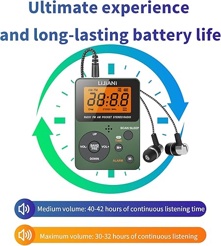 Miniatura 6 de Radio AM FM portátil de bolsillo con auriculares estéreo, radio a pilas por 3 AAA, preajuste manual, pantalla grande, radios de llave de bloqueo,