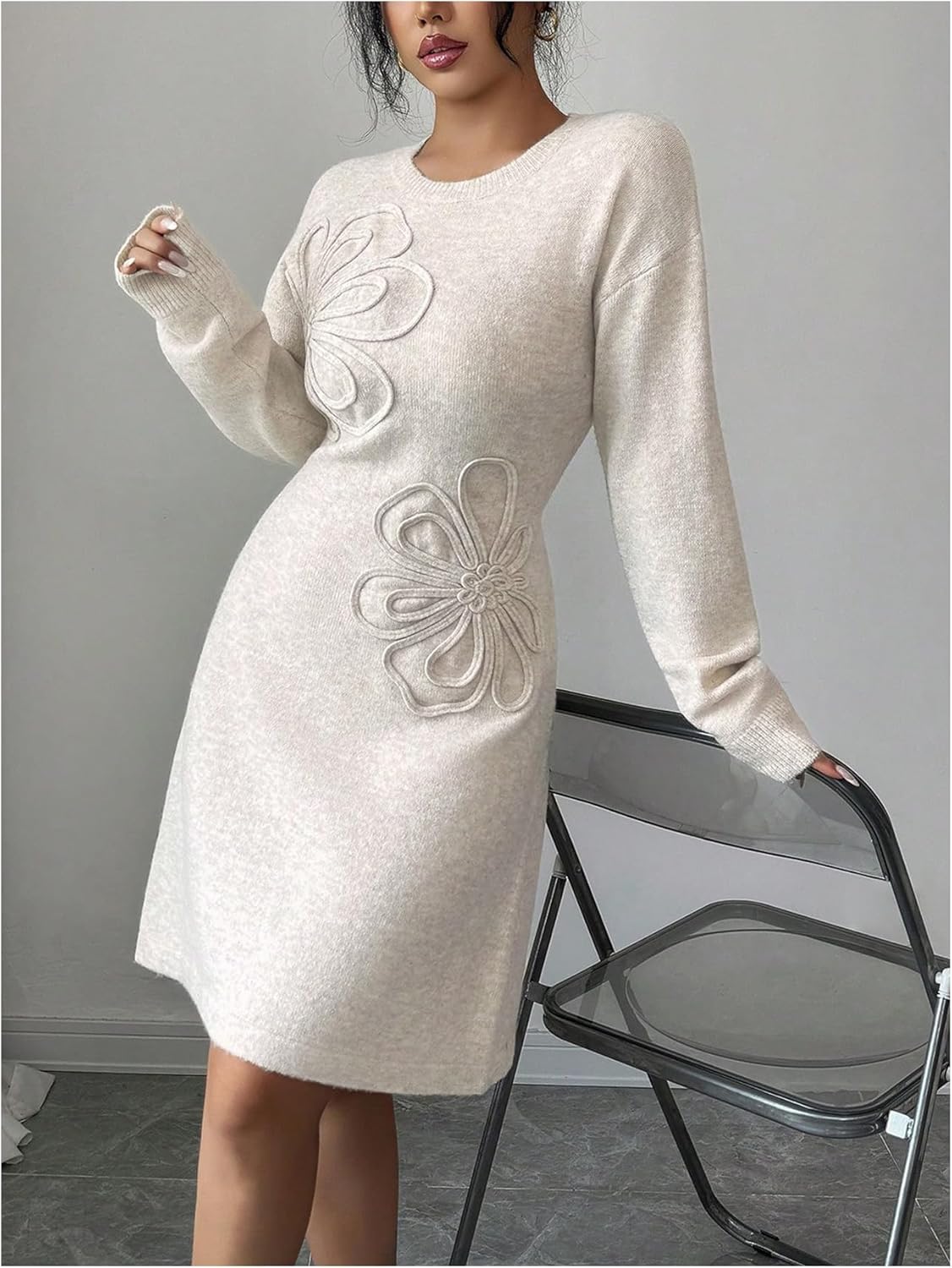 Women's 3D Floral Ribbed Knit Sweater Dress Elegant Long Sleeve Wedding Guest Dresses - Image 3