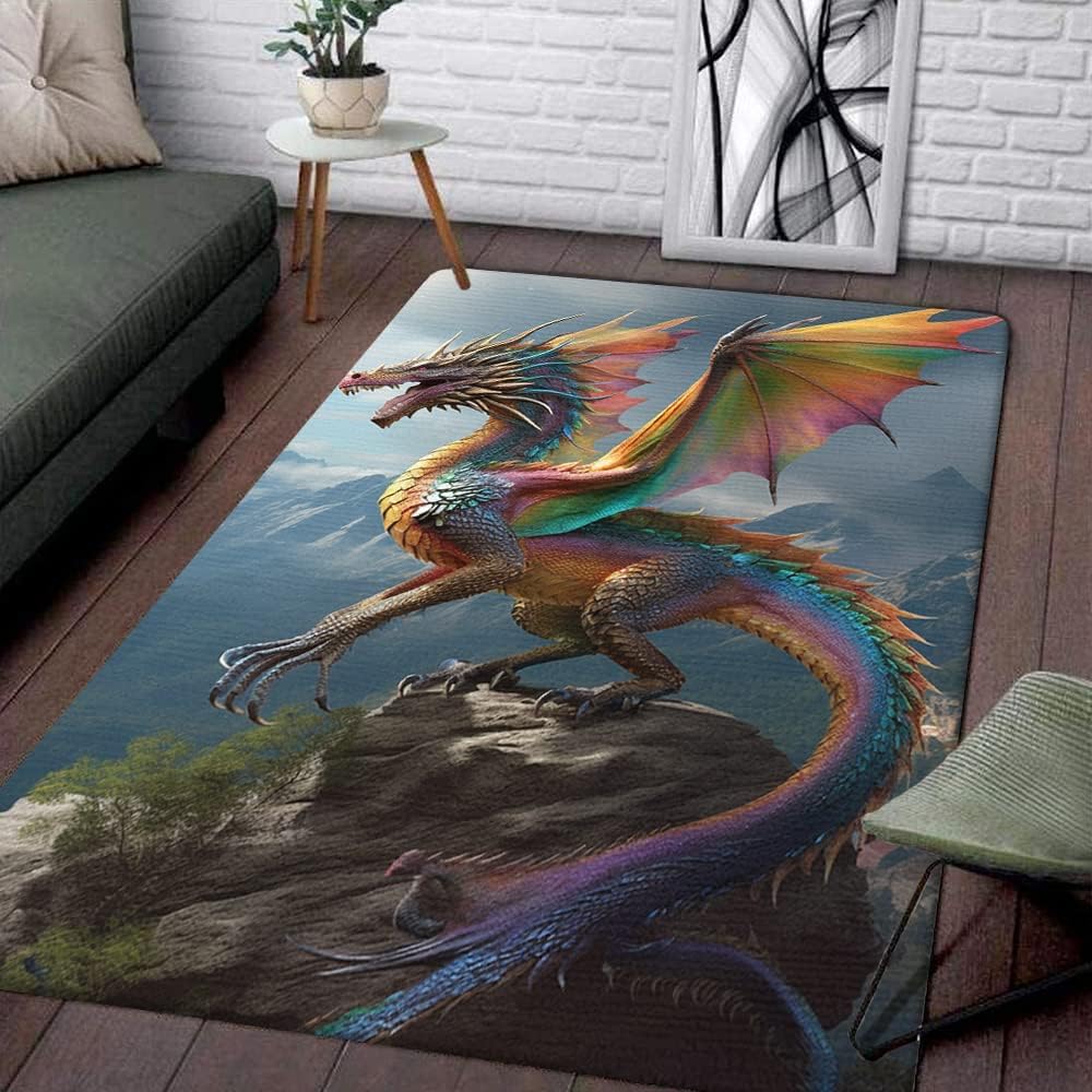 Cute Dragon Rug For Boys Girls Room - Rainbow Dragon Area Rug, Dragon Rugs for Bedroom, Printed Dragon Rugs, Cool Dragon Rug Non Slip for Living Room, Soft Outdoor Large Dragon Rug 5x8 Washable