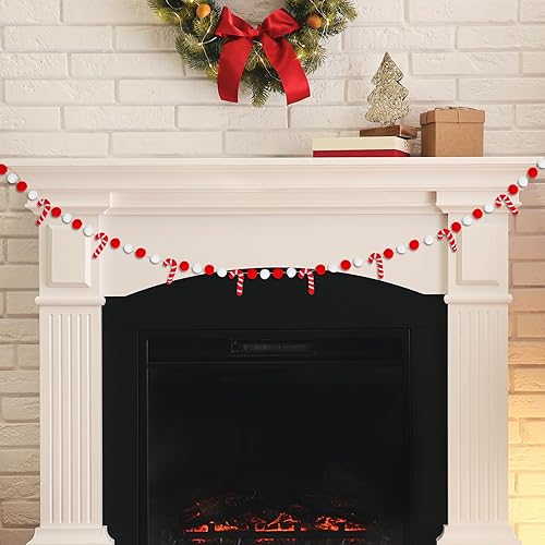 Miniatura 7 de Guirnalda de bastones de caramelo de fieltro de Navidad de 8.2 pies, bonita pancarta decorativa roja y blanca con pompones, guirnalda colgante de
