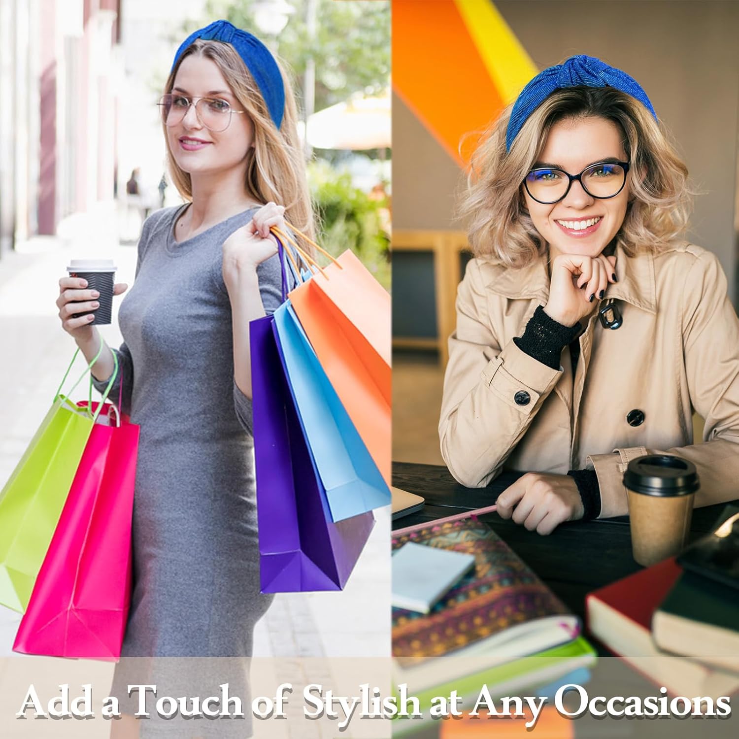 BEGOOD Headbands for Women Glitter Knotted Wide Headbands Fashion Womens Knot Hairbands Sparkly Turban Head Bands Hair Accessories for Girls Blue and Beige - Image 4