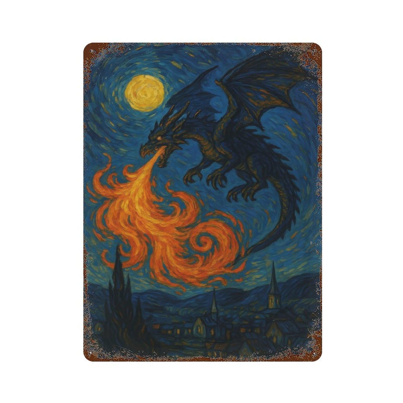 Dragon Fire Starry Night Painting Rusty Metal Tin Sign 15.7"x11.8", for Pub, Kitchen And Man Cave Decor, Farmhouse Wall Decor