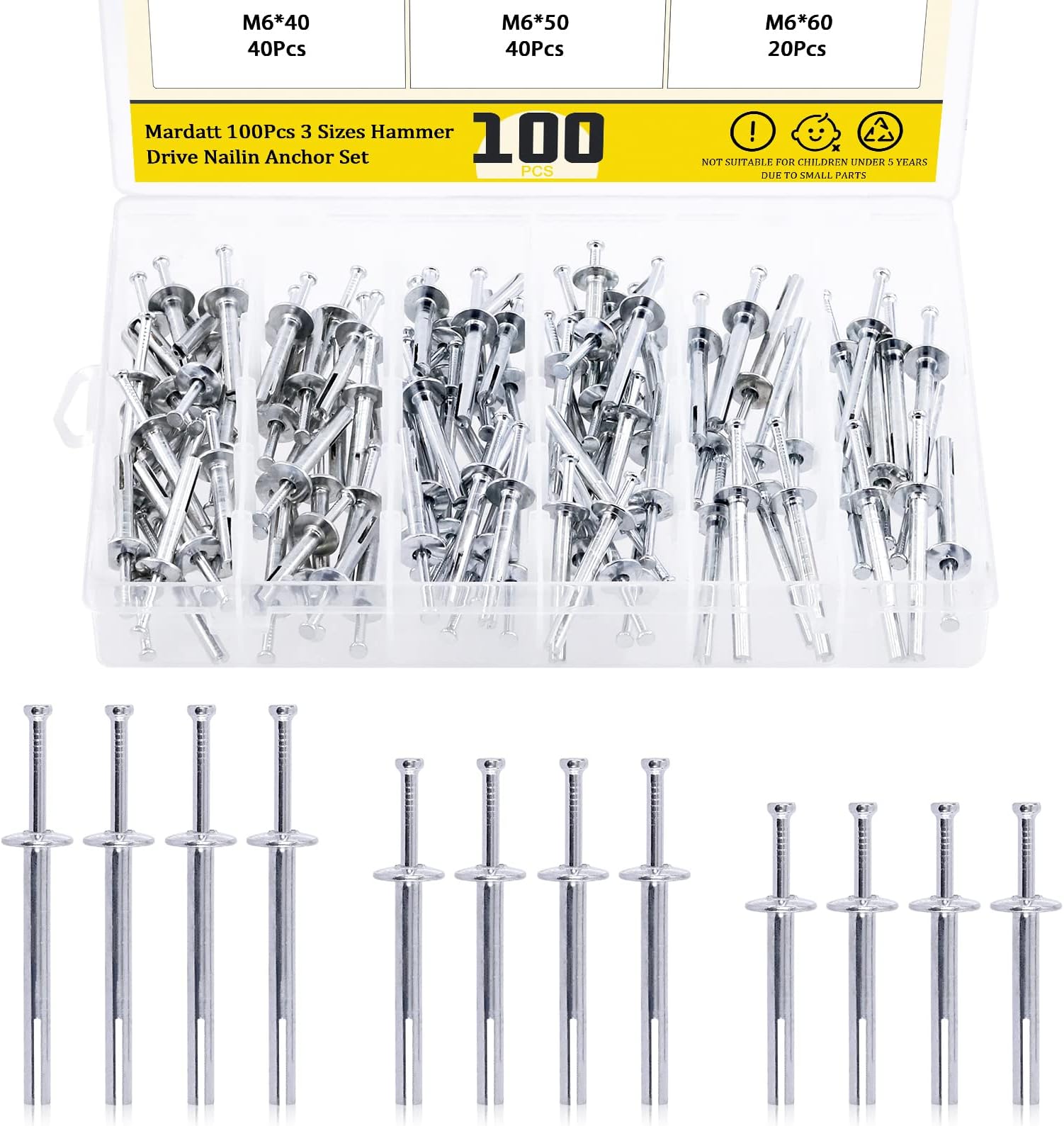 100 Pcs M6 Heavy Duty Hammer Drive Pin Anchors Assortment Set M6*40/50/60mm Metal Mushroom Head Anchor Drive Expansion Nail Fastener Rivet for Concrete Drywall