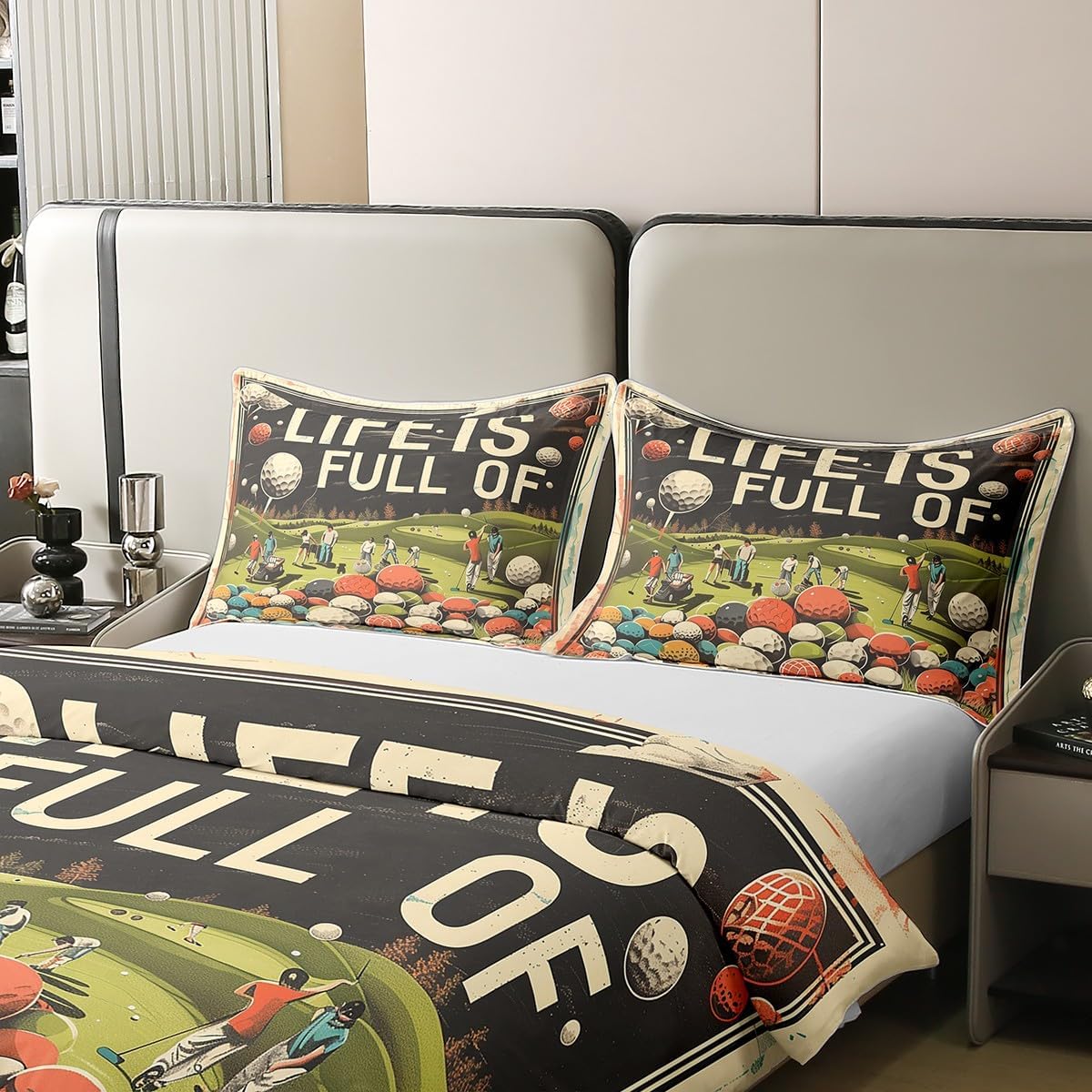 Manfei 100% Cotton Golf Balls Duvet Cover,Sport Lovers Golf Club Player Course Vintage Graffiti Comforter Cover(No Filler),Sporting Games Retro Beige Black Decorative Quilt Cover,3Pcs Full Size