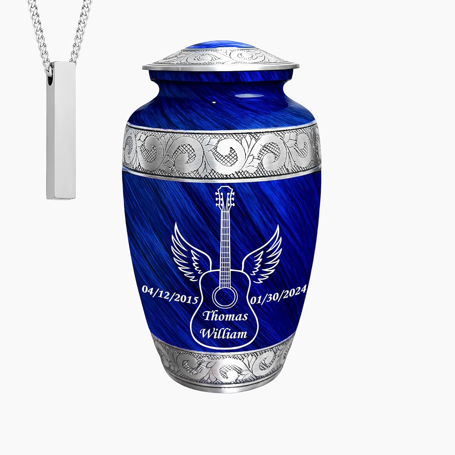 Set of 2 Custom Engraved Guitar Decorative Cremation Urns for Ashes Adult Male & Female – Includes 1 Large Guitar Urn and 1 Necklaceurn