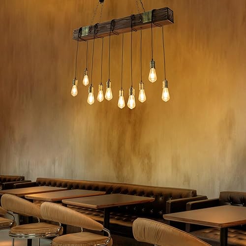 Miniatura 4 de Farol colgante de madera de 10 luces, lámpara colgante retro rústica de granja, lámpara de suspensión industrial para mesa de comedor, cocina