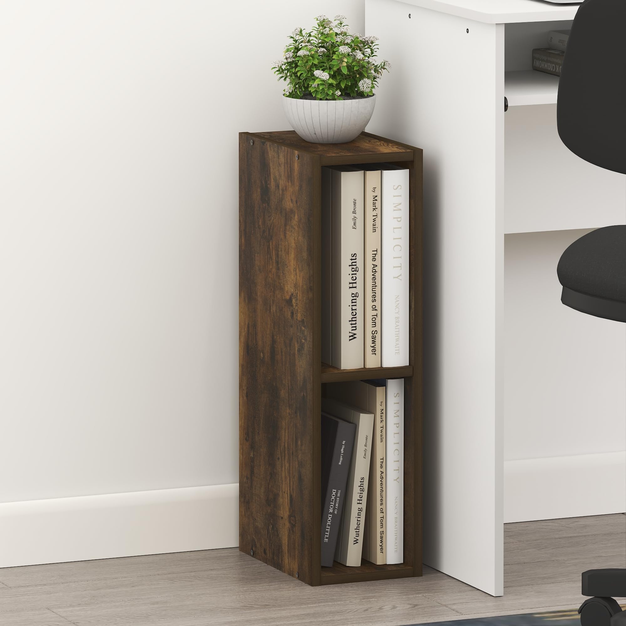 Furinno Fulda Book Shelf, 2-Tier Narrow Bookshelf, Bookcase with 6-in Width Storage Shelf, 9.3 x 5.9 x 21.2, for Living Room, Bedroom, Home Office,