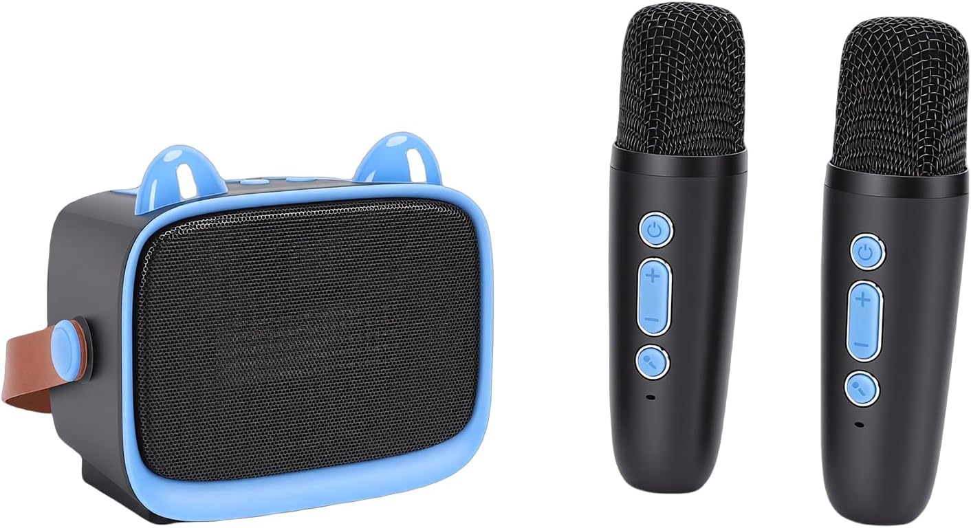 Drfeify Mini Karaoke Machine for Kids, Portable Double Noise Reduction Bluetooth Speaker with 2 Wireless Mics for Home Outdoor Party (Blue)