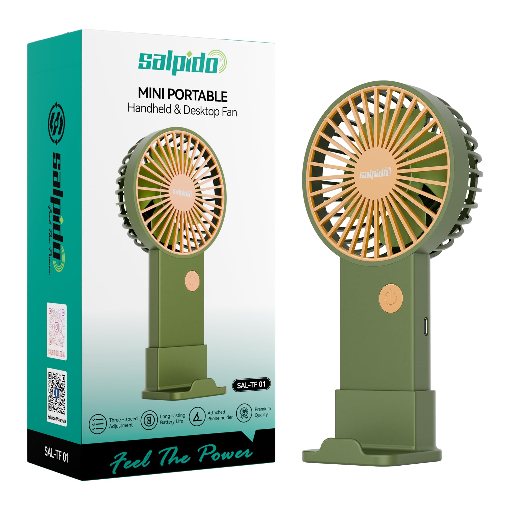 Mini Portable Handheld & Desktop Fan with Phone Holder, 3-Speed Adjustment, Type-C Charging (Cable Included), Silent Compact Travel Fan for Office, Desk, Home & Outdoor Use (SAL-TF01 -Green)-image-3