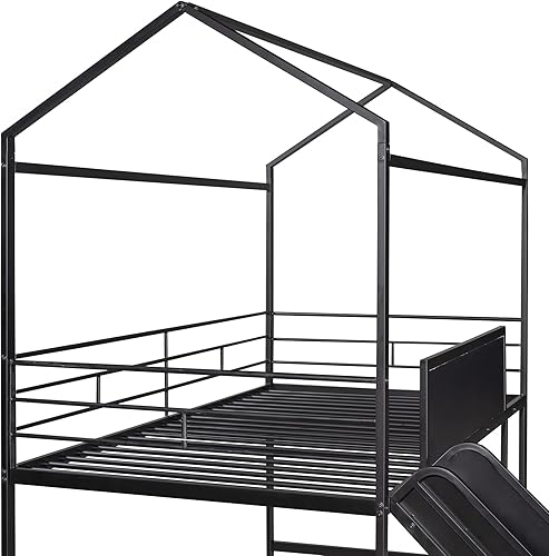 Miniatura 7 de DEINPPA Litera de metal individual con tobogán y escalera cama individual sobre cama individual para niños y niñas