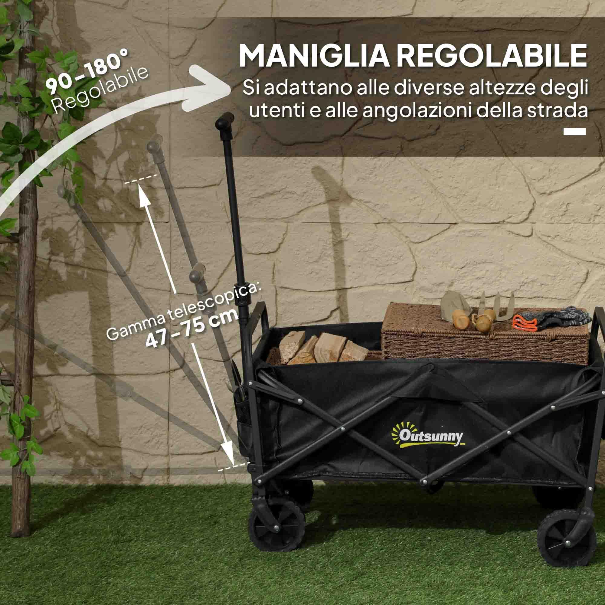 Outsunny Carrello da Giardino da 62L con Ruote Girevoli, Carrello Spiaggia Pieghevole in Metallo e Tessuto Oxford con Borsa e Maniglia Girevole e Regolabile, 76x48x86 cm, Nero