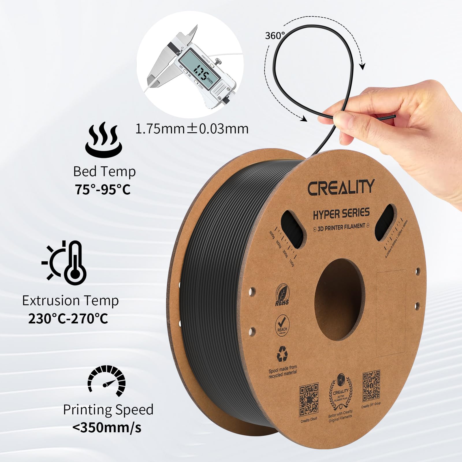 Filamento ABS Ufficiale Hyper, Filamento per Stampante 3D Creality 1,75 mm per Stampa ad alta Velocità, Resistente al Calore, Forte e Durevole, Precisione Dimensionale +/- 0,03mm, 1 kg/Spool, Nero