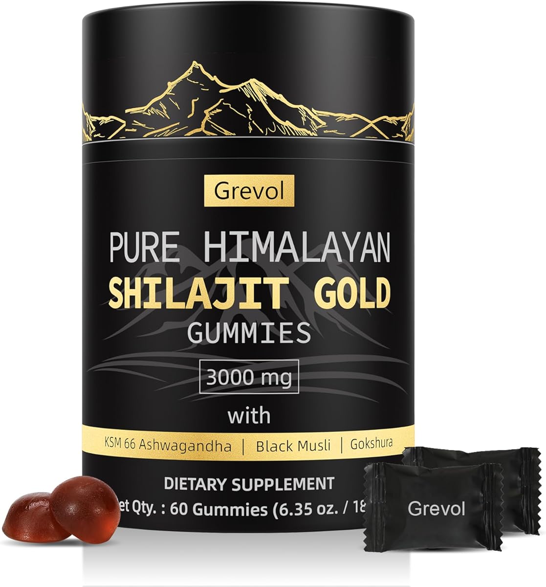 Grevol Himalayan Shilajit Gummies: Gold Grade Shilajit Riched with Ashwagandha Fulvic Acid & 85+ Trace Minerals - No Added Sugar - Individually Wrapped - for Men & Women - 60 Gummy