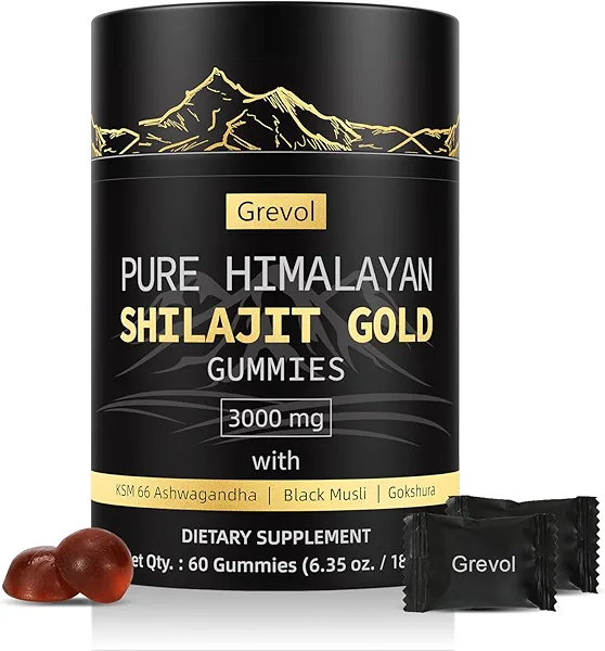 Grevol Pure Himalayan Shilajit Gummies: Gold Grade Shilajit Riched with Ashwagandha Fulvic Acid & 85+ Trace Minerals - No Added Sugar - Individually Wrapped - for Men & Women - 60 Gummy