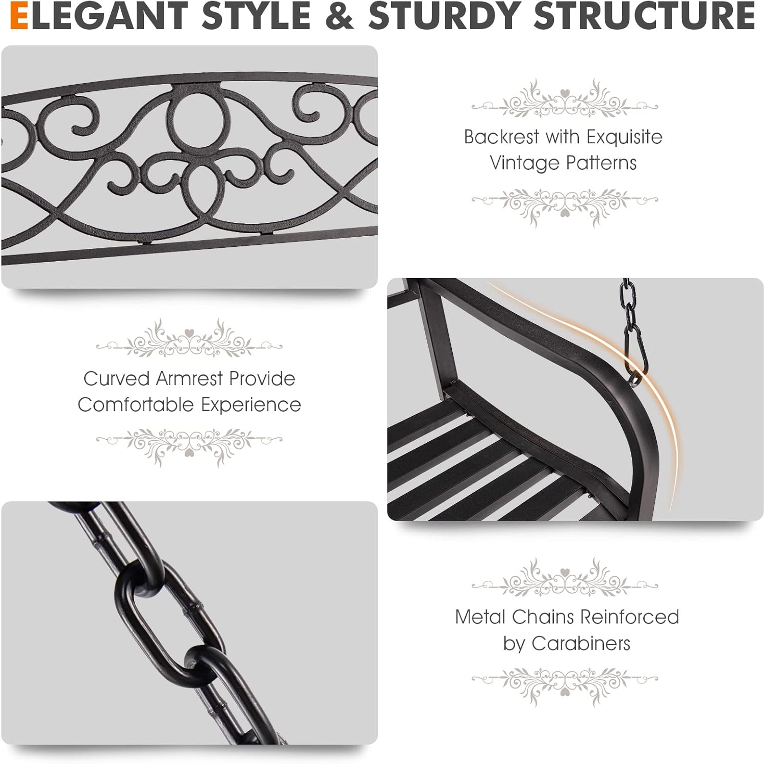 Tangkula 2 Person Hanging Porch Swing, Patio Swing Bench with Chains, Backrest & Armrests, Classic Outdoor Metal Swing Chair for Garden, Deck, Backyard (Brown)