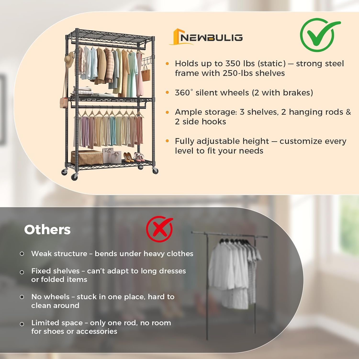 OLIXIS Clothes Rack Heavy Duty Adjustable Garment Clothing Rack with Wheels, Rolling Metal Freestanding Closet Organizer for Hanging Clothes with 2 Side Hooks, Double Rods, 47"x17"x80", Black