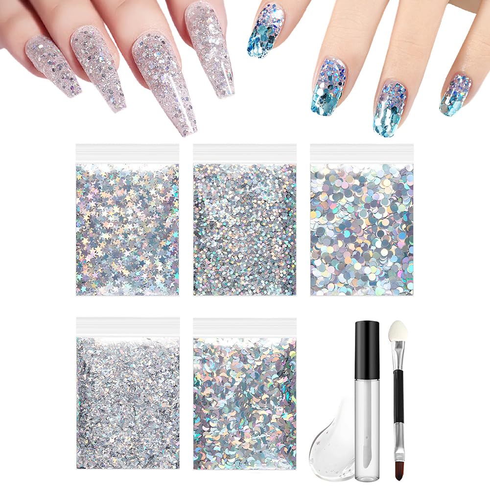 Nail Art Glitter Nail Sequins Glitter Metallic Shining Flakes Powder Sequins with Glue and Brush Manicure Tips Nail Art DIY at Home Nail Supplies Nail Decorations Accessories