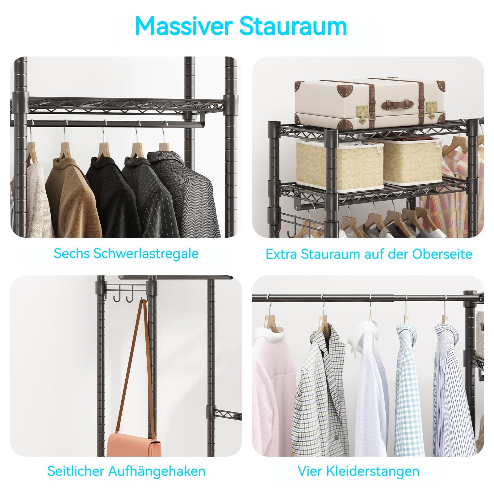 Himimi Teleskopstange Kleiderständer mit 4 Kleiderstangen und 6 Höhenverstellbaren Regalen 1 Haken Teleskop Regalsystem B (182-240) x H180 cm Anpassbar an Unterschiedlichste Räumlichkeiten Schwarz