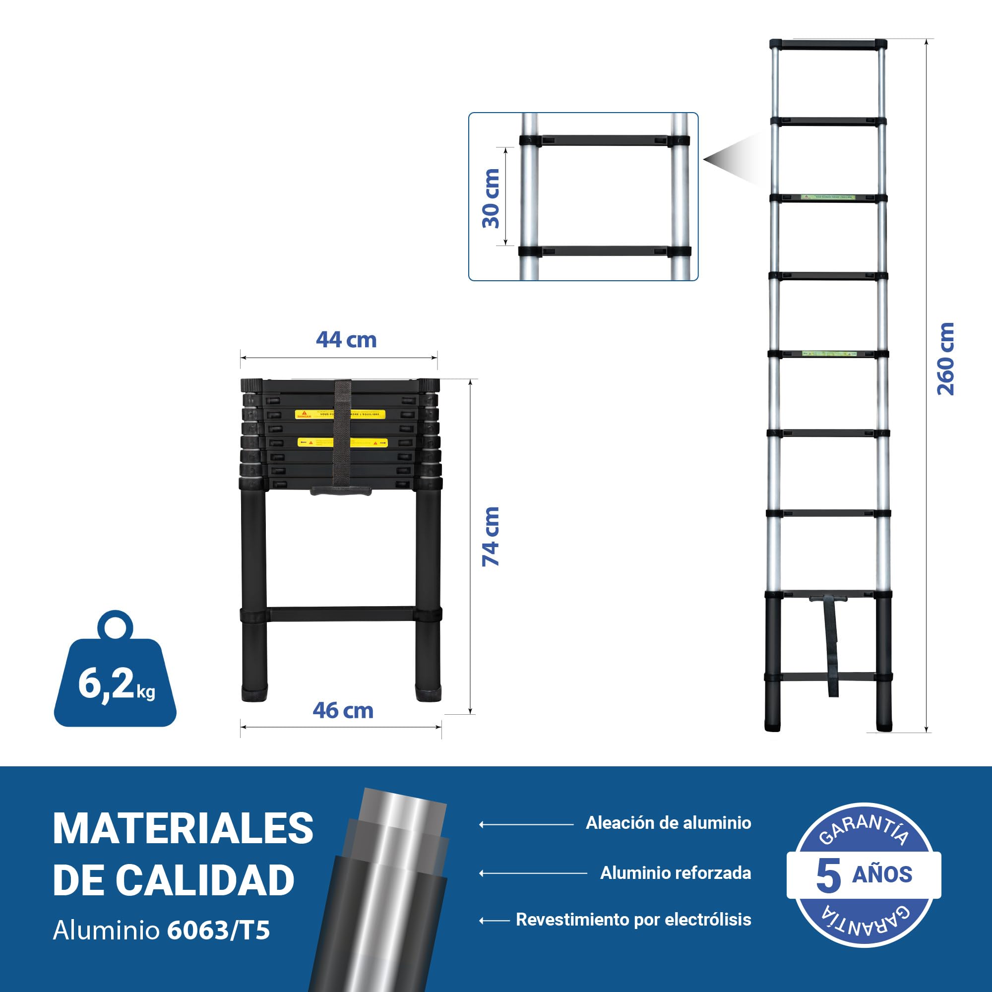HOSTRÖM Escalera telescópica de 2,6 m TELESCOO9, Aluminio, Plegable, Extensible, Altura máxima de Trabajo 3,5 m, Norma EN131, garantía de 5 años.