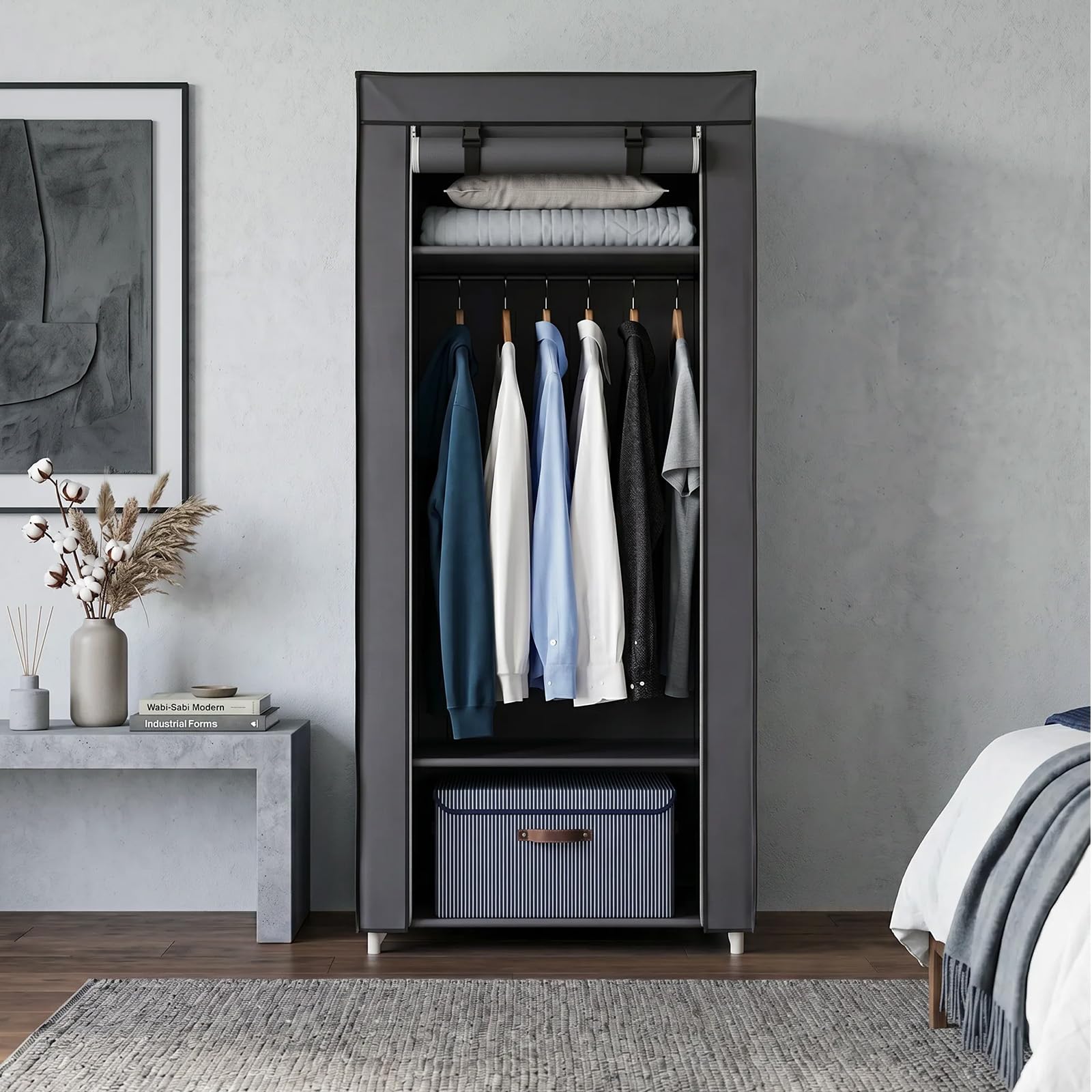 Hododou Armadio in tela portatile per camera da letto, armadio pieghevole con binario di sospensione e mensole, per vestiti, borse, giocattoli, scarpe, 160 x 59 x 43 cm, grigio