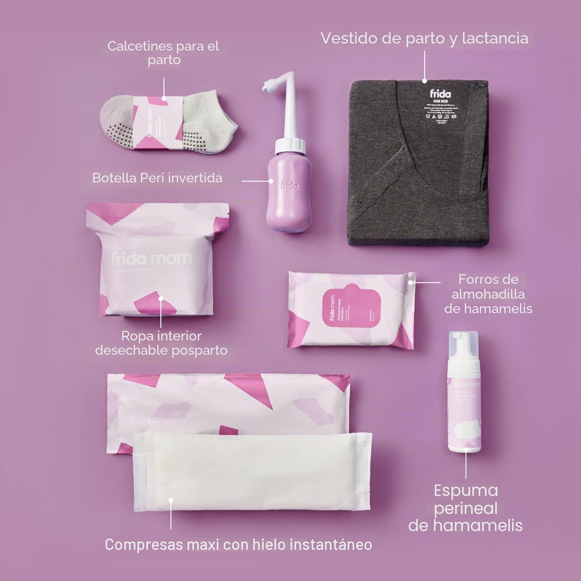 Frida Mom Kit de trabajo de parto, parto y posparto: todo en uno + artículos esenciales posparto: almohadillas de maternidad, biberón, calcetines para mamá, bata de lactancia, bragas desechables con