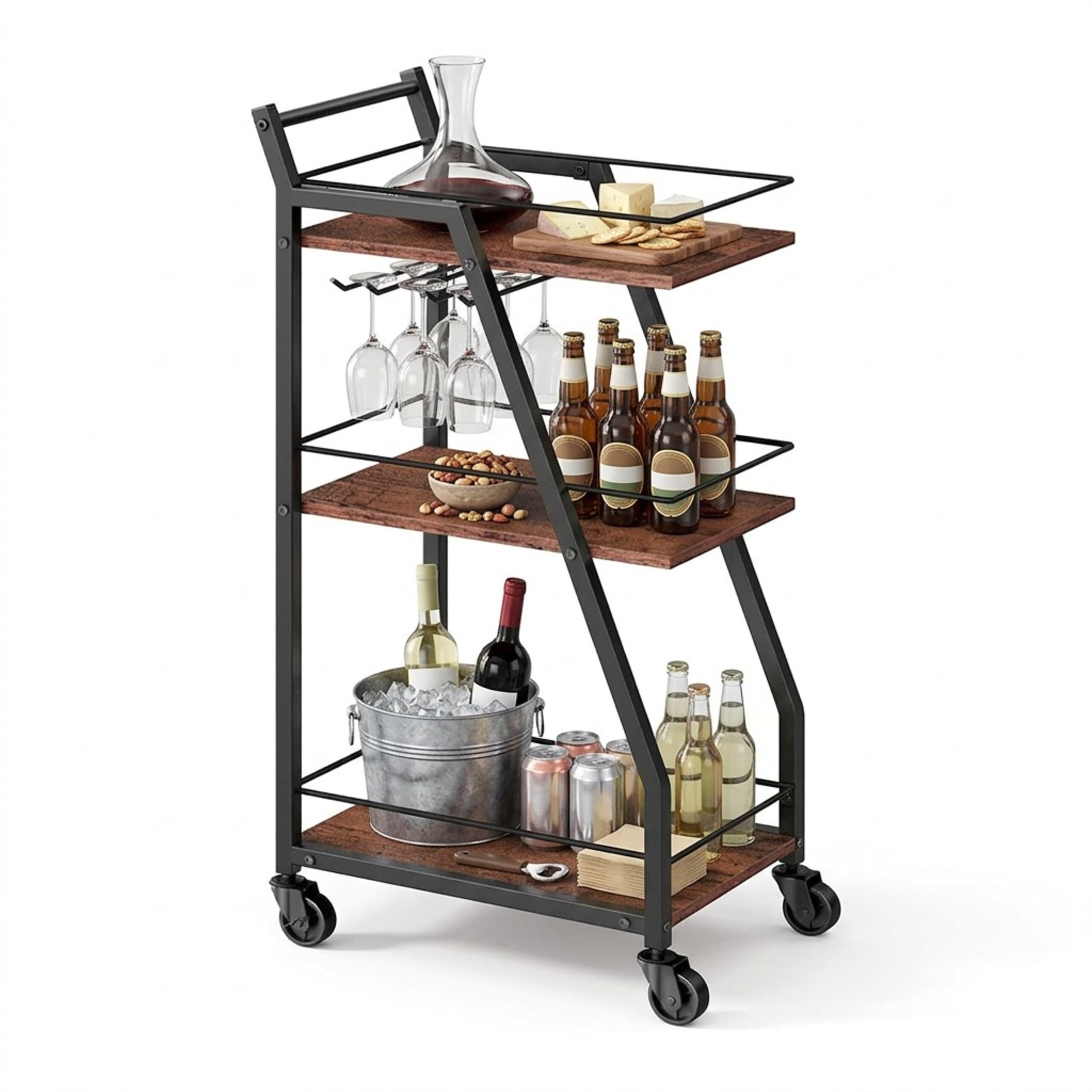 Relaxdays Carrello da Cucina 3 Ripiani, portabicchieri, Stile Industriale, su Ruote, HBT 83x39x29