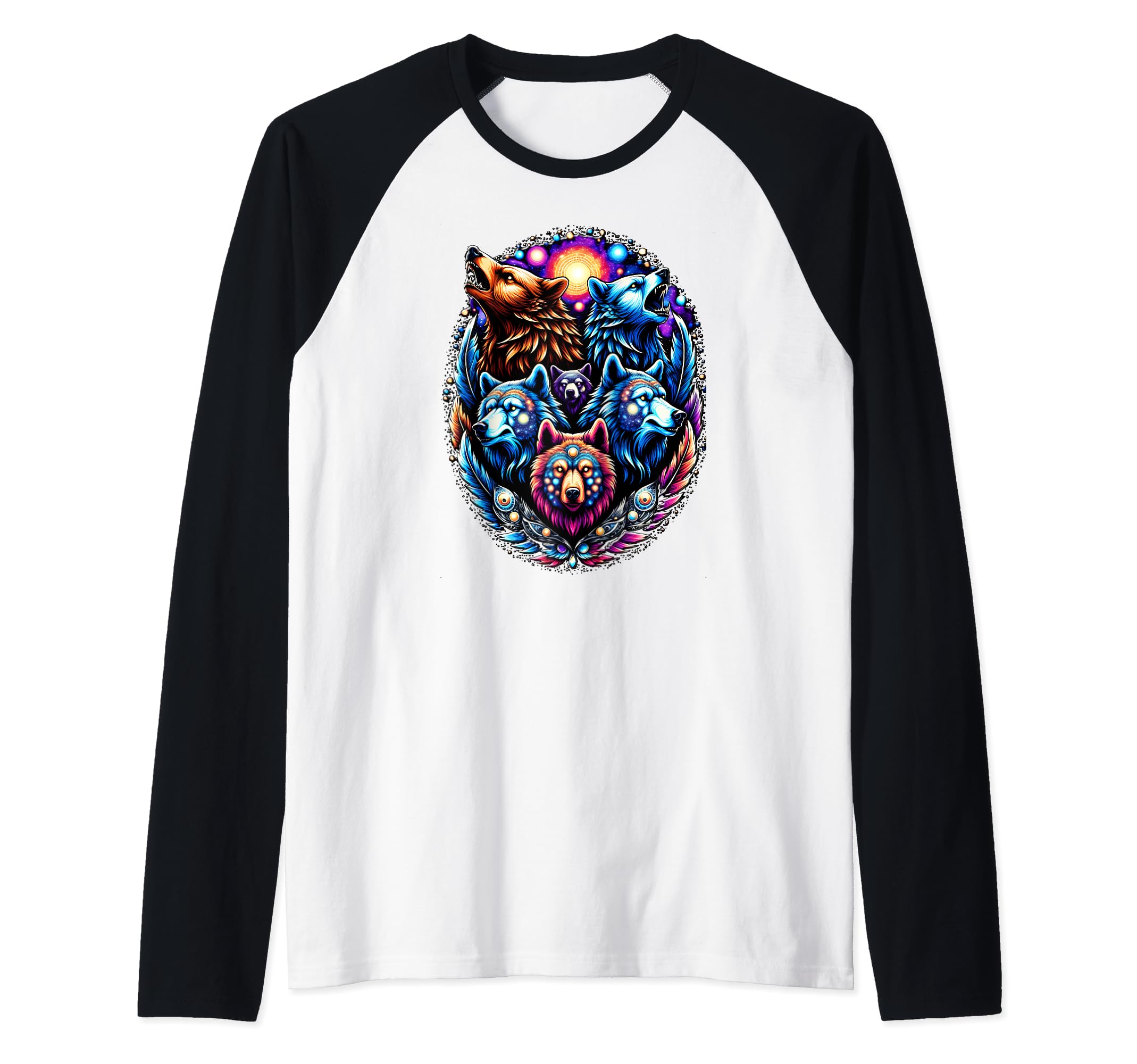 Psychedelic Bears and Wolves Raglan Baseball Tee