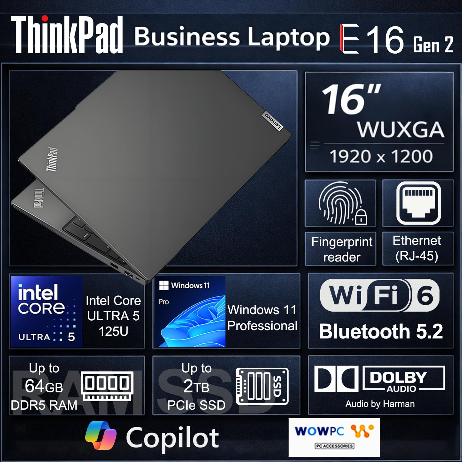 Lenovo ThinkPad E16 Gen 2 Business Laptop, AI Boost Intel Core Ultra 5 125U(Beat i7-1355U), 16" FHD+ IPS Display, 64GB DDR5 RAM, 1TB SSD, Backlit Keyboard, Fingerprint Reader, Win 11 Pro, WOWPC Bundle