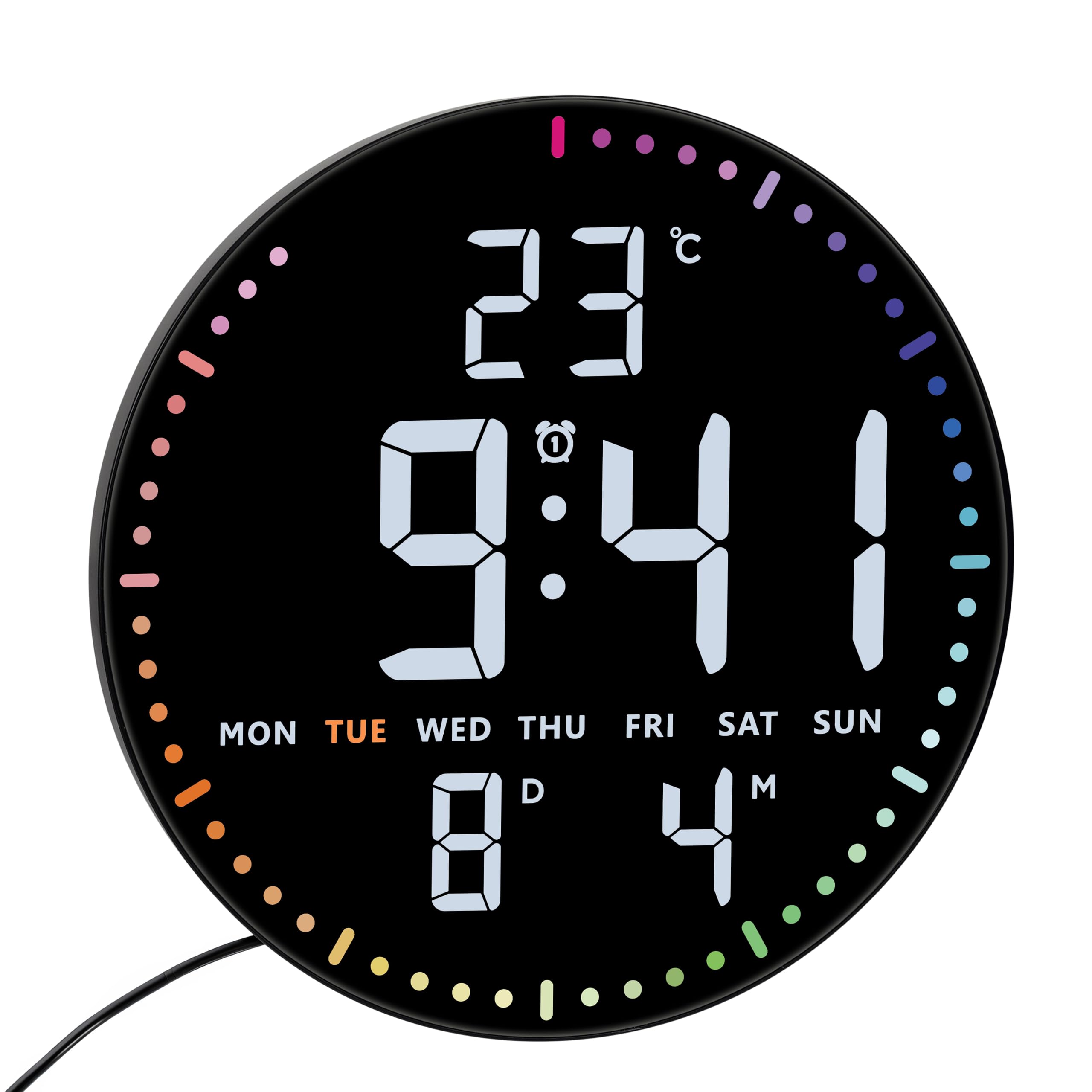 TFA Dostmann Horloge Murale numérique LED, 60.4002, avec la température, la Date et Jour de la Semaine, Affichage Calendrier, Format 12/24 h, 3 Niveaux de luminosité, Chiffres Blancs, Noir
