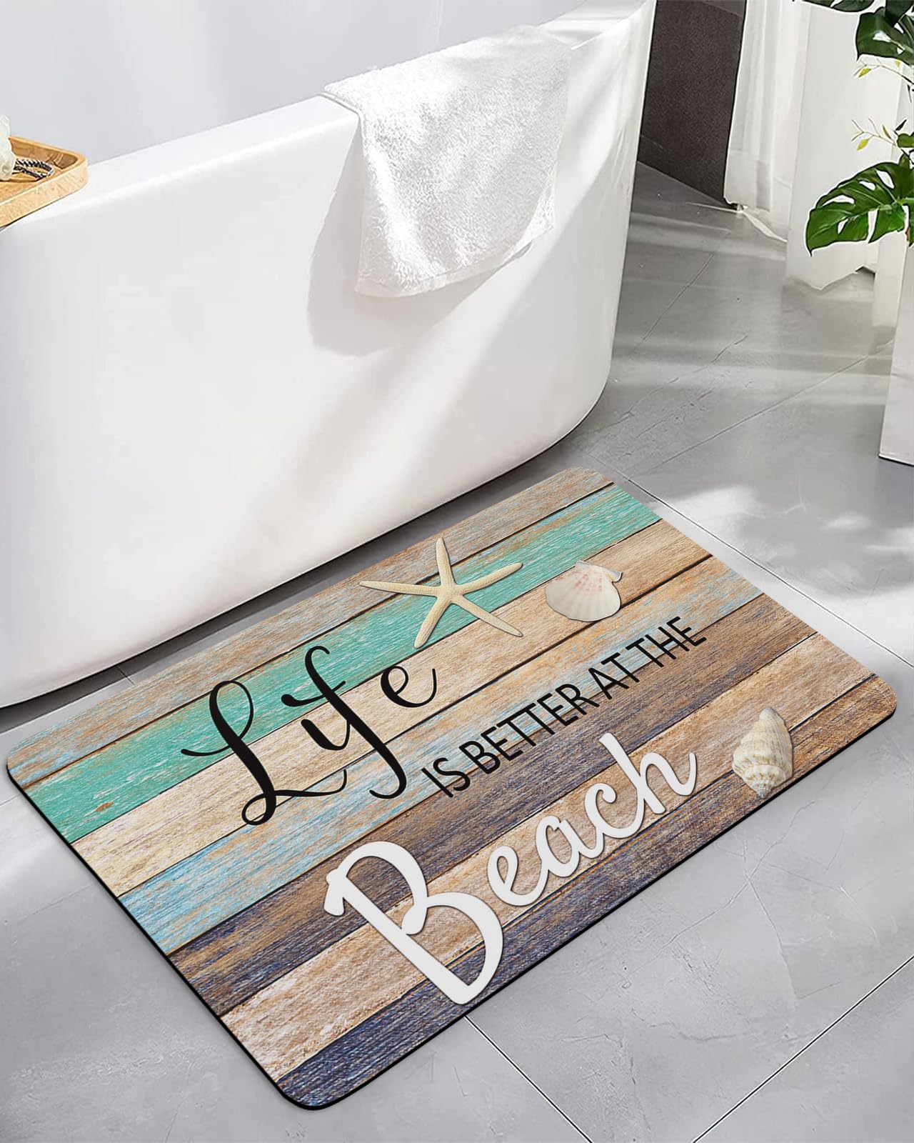 YESOF66 Diatomaceous Earth Bath Mat Bathtub Mat, Life is Better at The Beach Rustic Wooden Quick Dry Non-Slip Diatomite Mud Bathroom Floor Rugs for Bath Tub Kitchen Absorbent Pad, 16x24 Inch