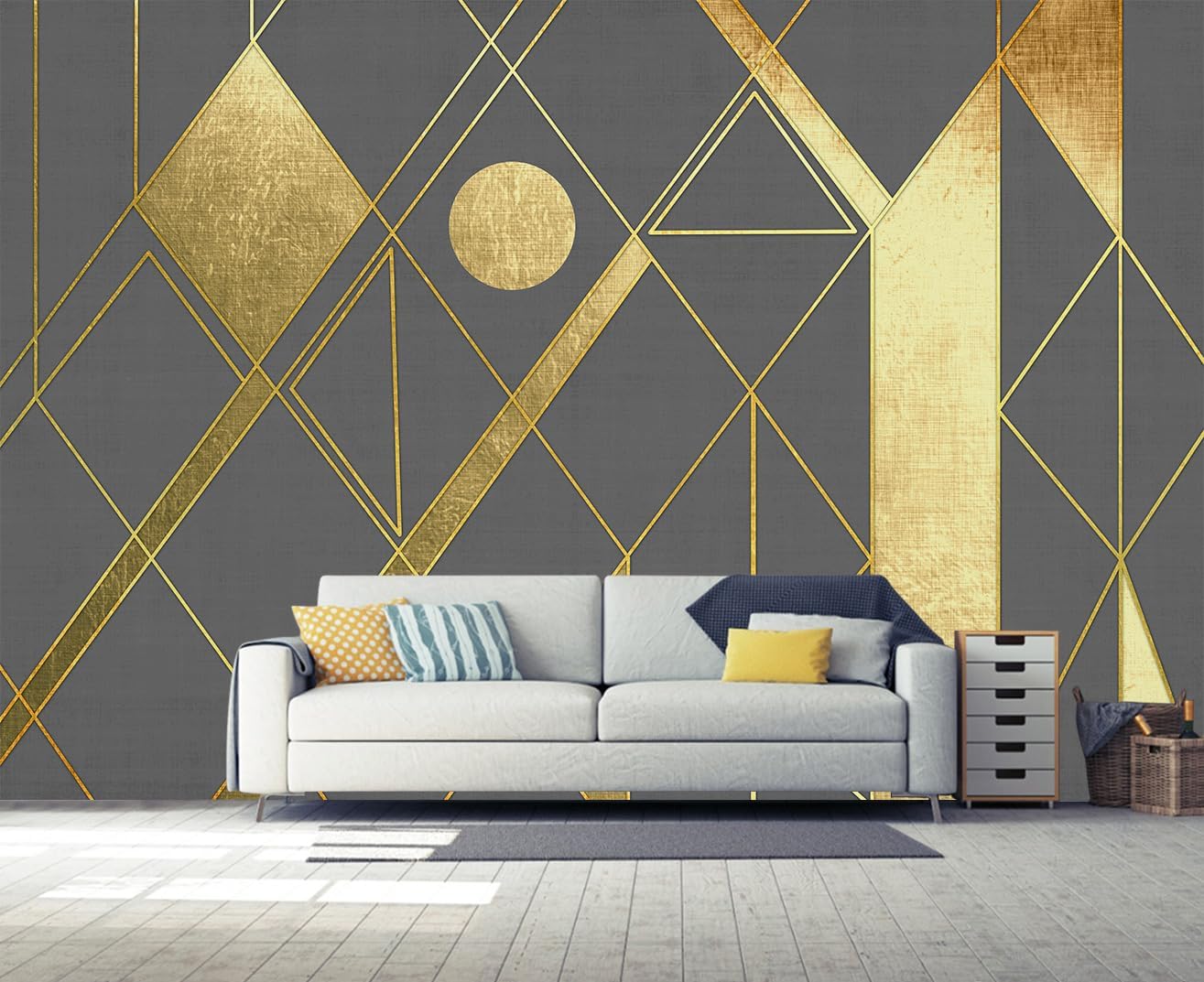 Geometric Mural Wallpaper Gray and Gold Wall Murals for Living Room or Office Decor（Not Peel and Stick）