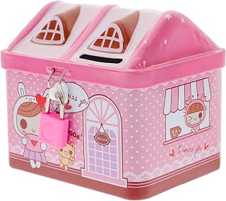 SAFIGLE Cartoon House Piggy Bank for Kids Iron Coin Bank with Lock Pink Money Box for Kids Savings and Storage