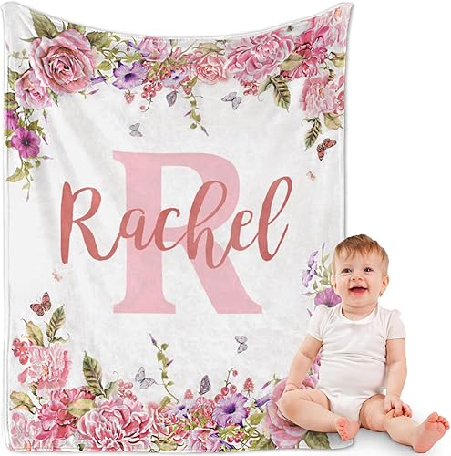 Yoke Style Manta de franela personalizada para niñas, 32 x 48 pulgadas, manta de bebé personalizada con nombre, regalos para recién nacidos para