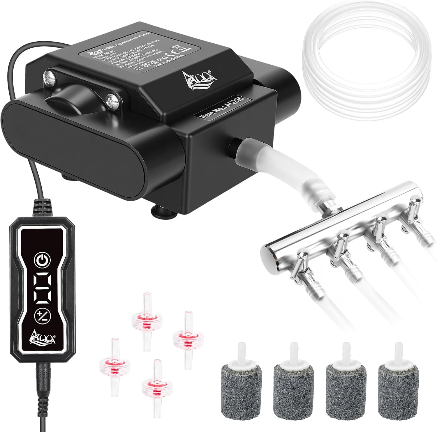 AQQA Powerful Aquarium Air Pump with Controller, Feeding Mode, 9-Speed Airflow Adjustable 4 Air Outlets Oxygen Aerator with Complete Accessories for Large Fish Tanks, Ponds & Seafood Markets (10W/15W)