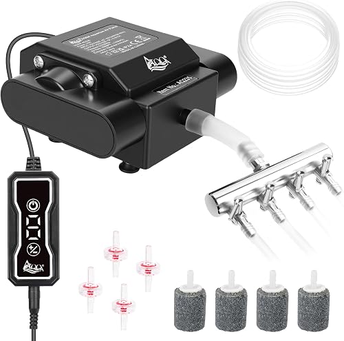 AQQA Aquarium Air Pump with Controller,Silent Fish Tank Oxygen Pump,Feeding Mode,9-Speed Airflow Adjustable 4 Outlets Powerful Air Pond Aerator,Air Bubbler Pump with Completely Accessories