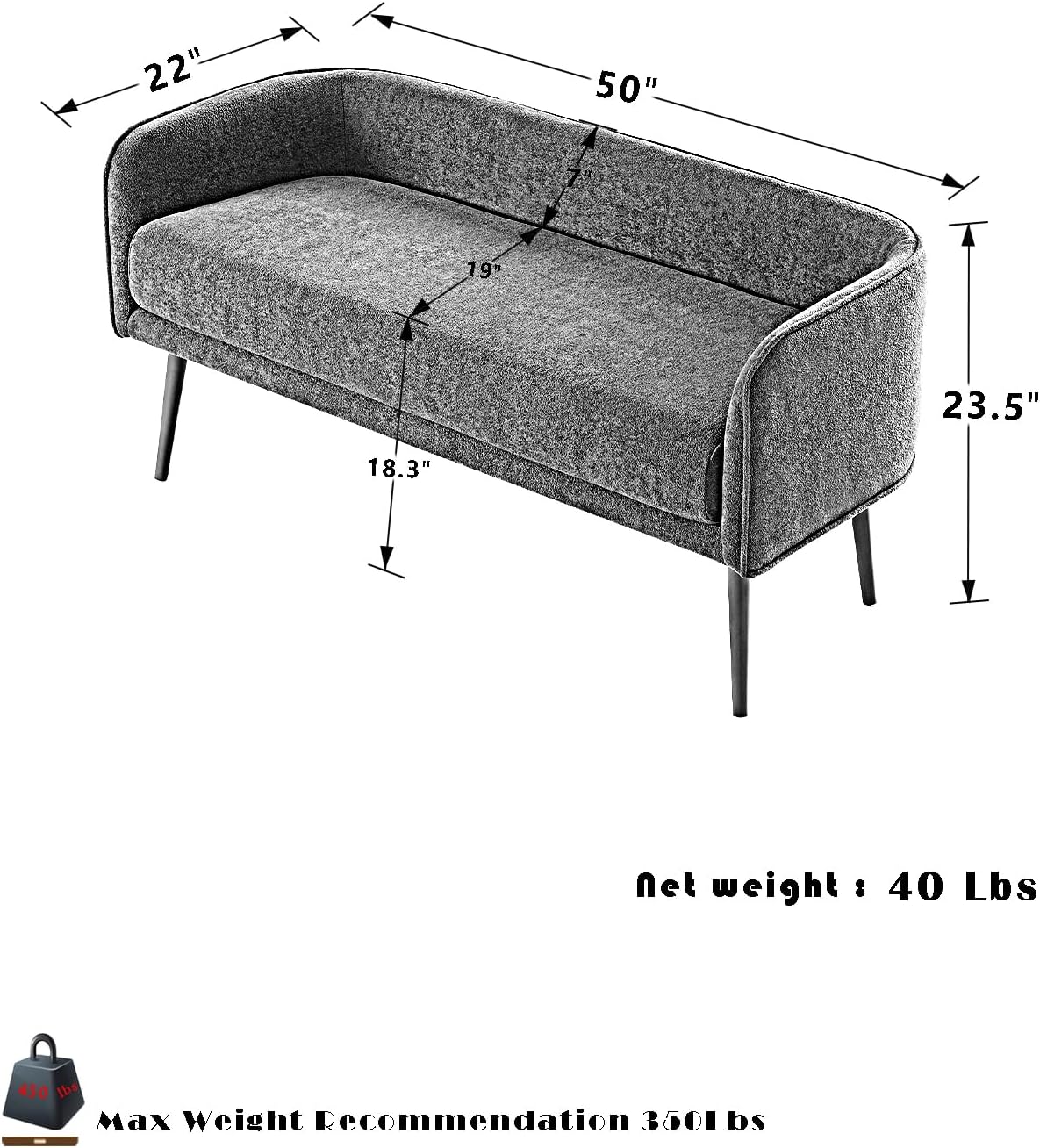 Bedroom Bench and Entryway Bench with Low backrest and armrests, Gray Fabric,Inside Sturdy Metal Frame